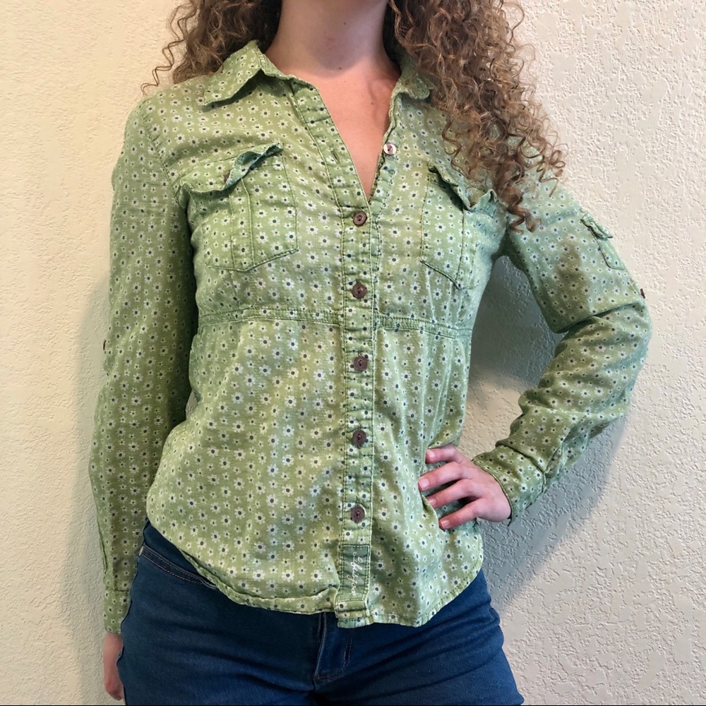 Green floral Life is Good button-down